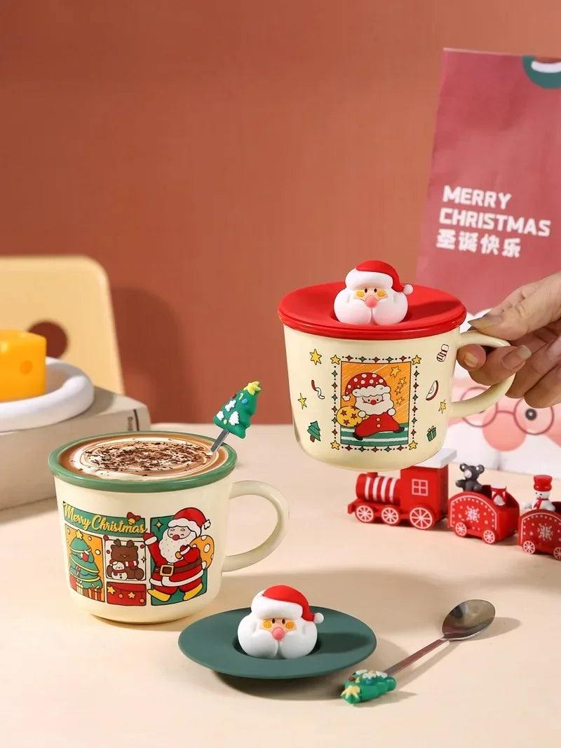 Christmas-themed Ceramic Coffee Cups Mugs LIDS Spoons Holiday Boxes