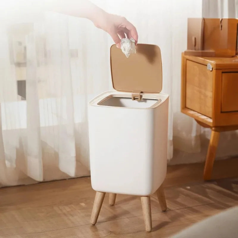 Trash Can Lid Foot Press Dustbin Wooden Grain Waste Bin Kitchen
