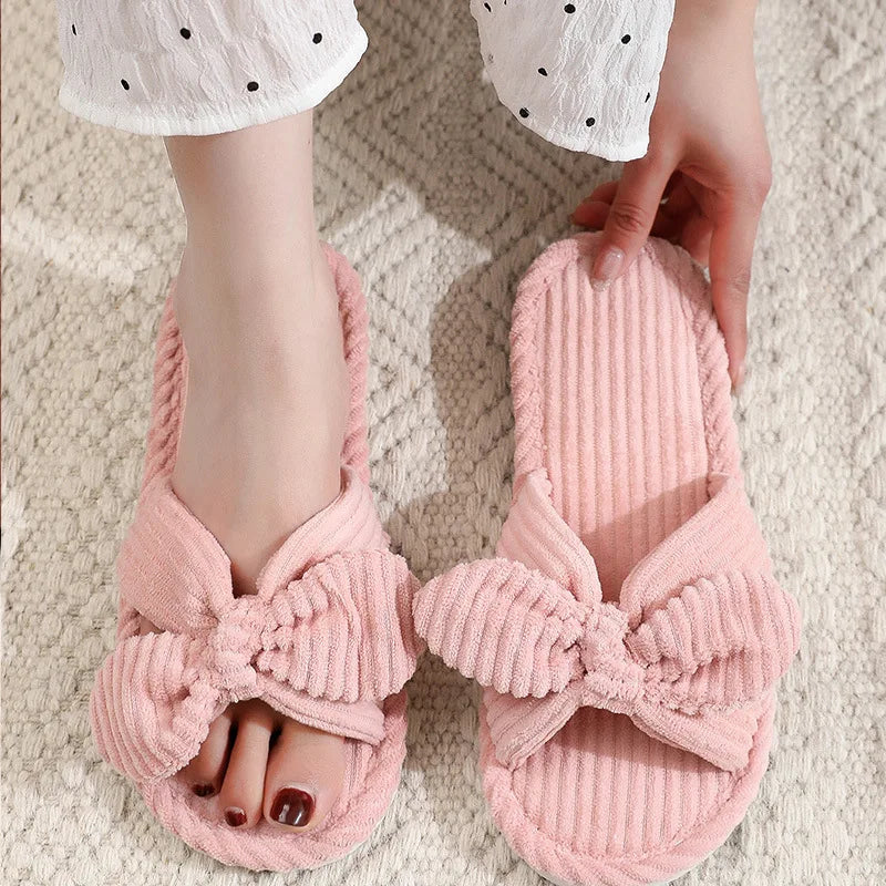 Women's Bow Flat Heel Slippers Home Non-slip Open-toe Breathable All Zpaxo pink 42-43