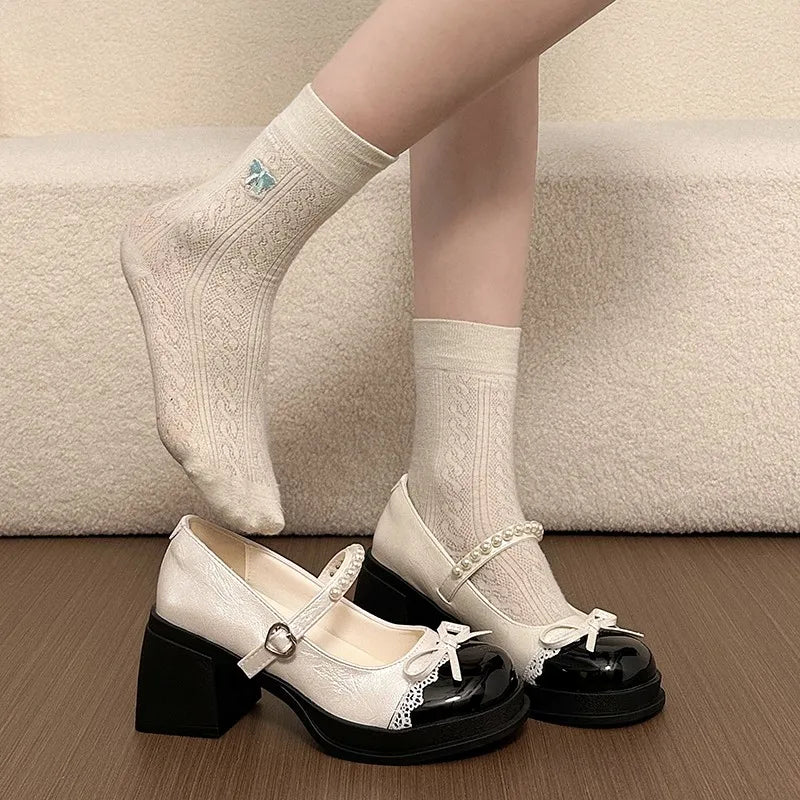 Women Spring Autumn Bow Embellishment One-word Buckle Strap Pearl Zpaxo