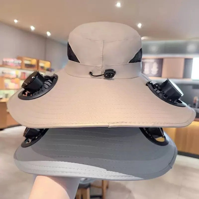 Outdoor Solar Fan Bucket Hat Travel Fishing Sunscreen Big Brim Sun Zpaxo