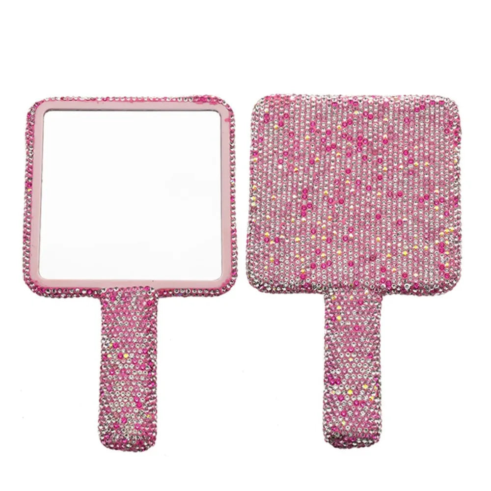 New Rhinestone Makeup Mirror with Handle Round Square Heart Shape Cosmetic Hand Mirror Portable Shiny Bling Handheld Mirror Zpaxo pink square
