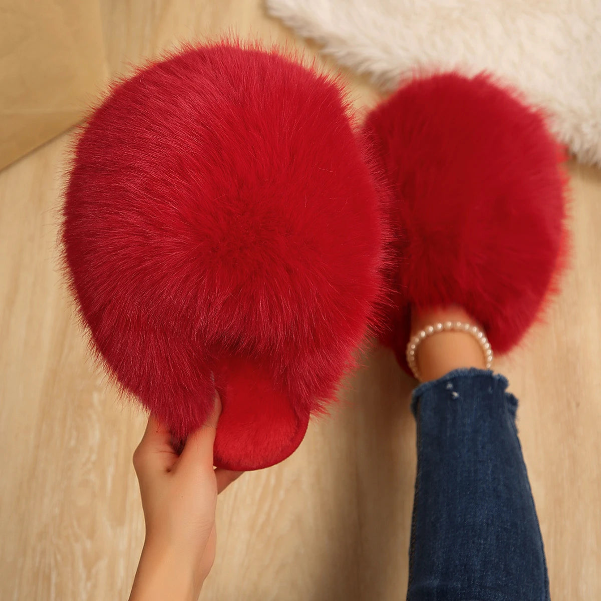 Women Fluffy Slippers Multicolor Large Size Shoes Cover Toe Warm Cotton Slippers Fashionable Autumn Winter Flat Slides Women Zpaxo Red 42-43