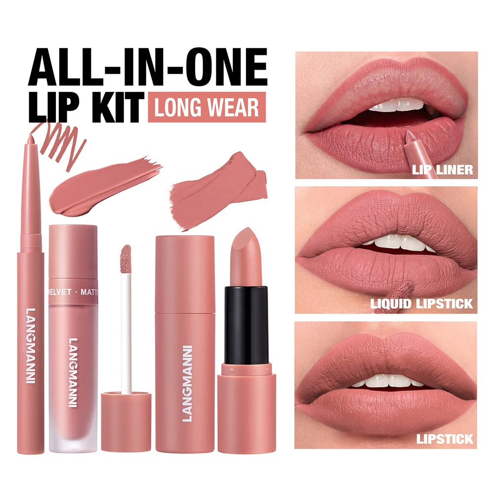 3-Piece Lip Gloss Liner Lipstick Waterproof Durable Matte Makeup Zpaxo