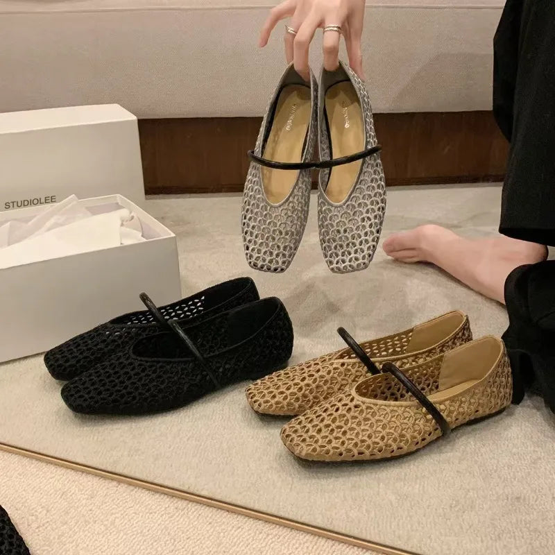 Flat Shoes for Women Spring and Autumn New French Square Toe Hollow Woven Flat Belt Breathable Beach Shallow Mouth Ladies Shoe Zpaxo