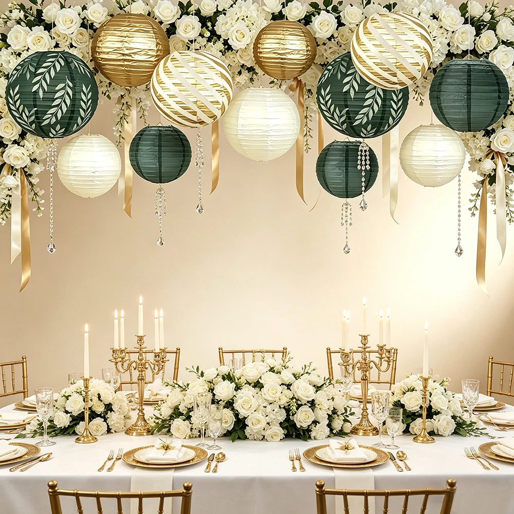 12-Piece Sage Green Hanging Paper Lanterns Wedding Decoration Rustic