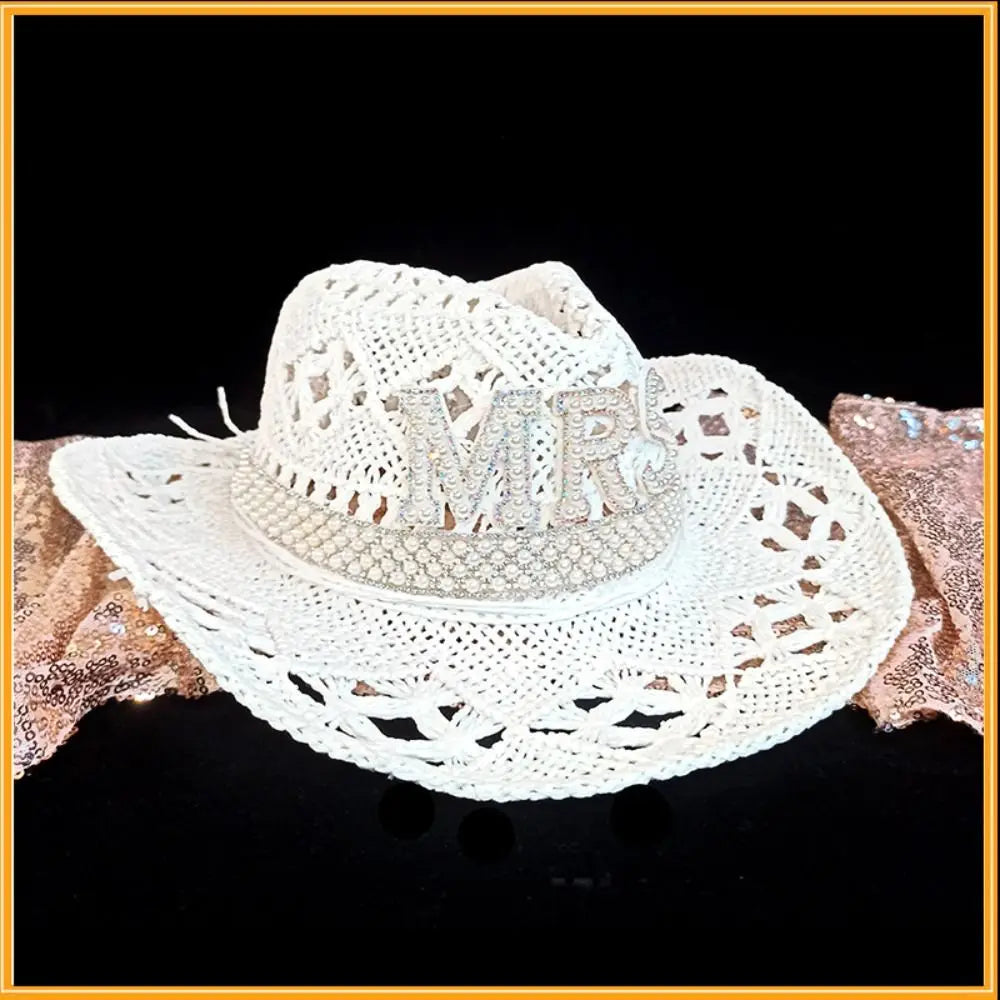 Rhinestone Letter Bride Groom Cowboy Hat Hollow Wide Brim Cowgirl Hat Crochet Western Cowboy Hat For Wedding Bachelorette Party Zpaxo