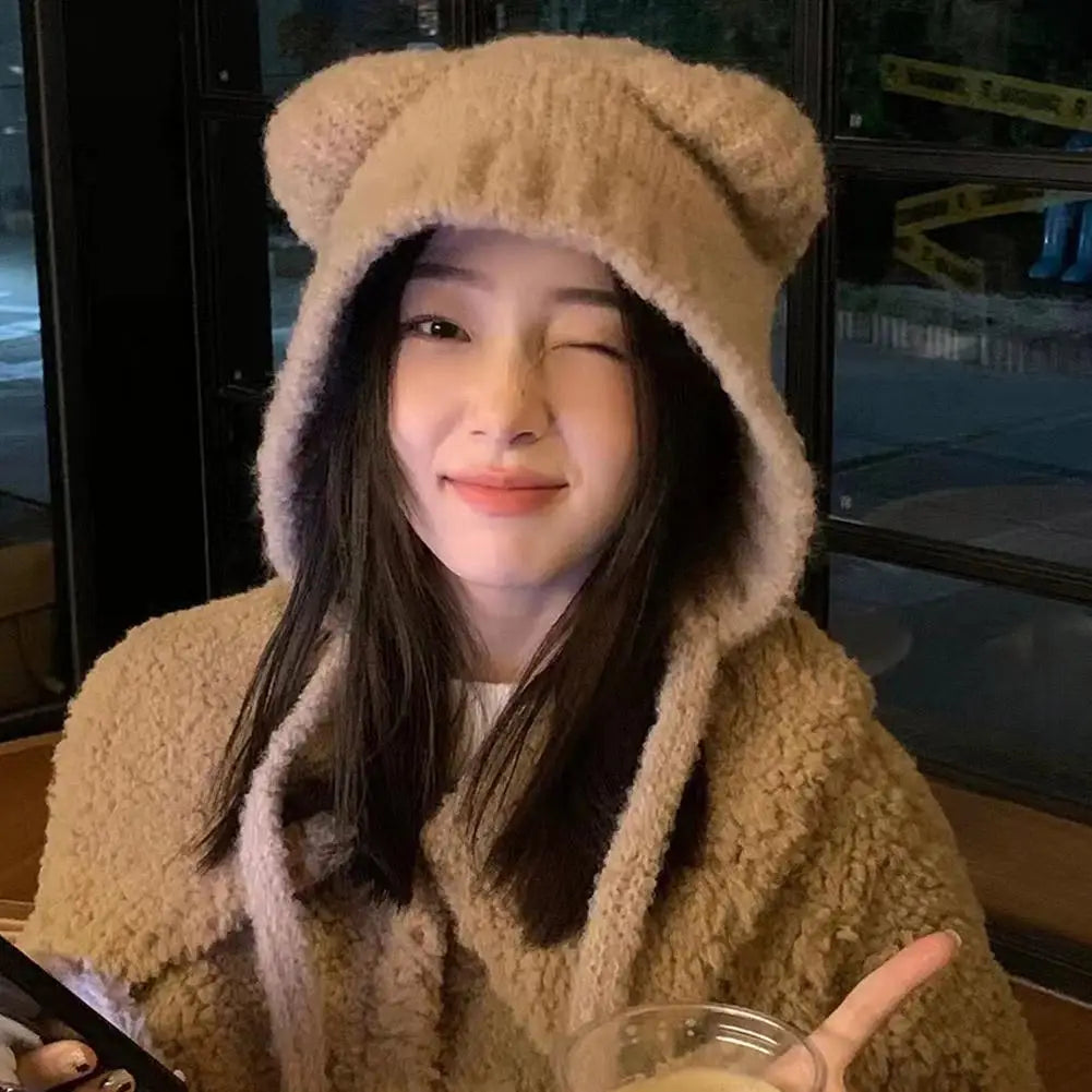 Autumn/Winter Cute Plush Wool Hat with Bear Ear Cold-proof Windproof Knitted Hat Long-lasting Warm for Women Girls Zpaxo