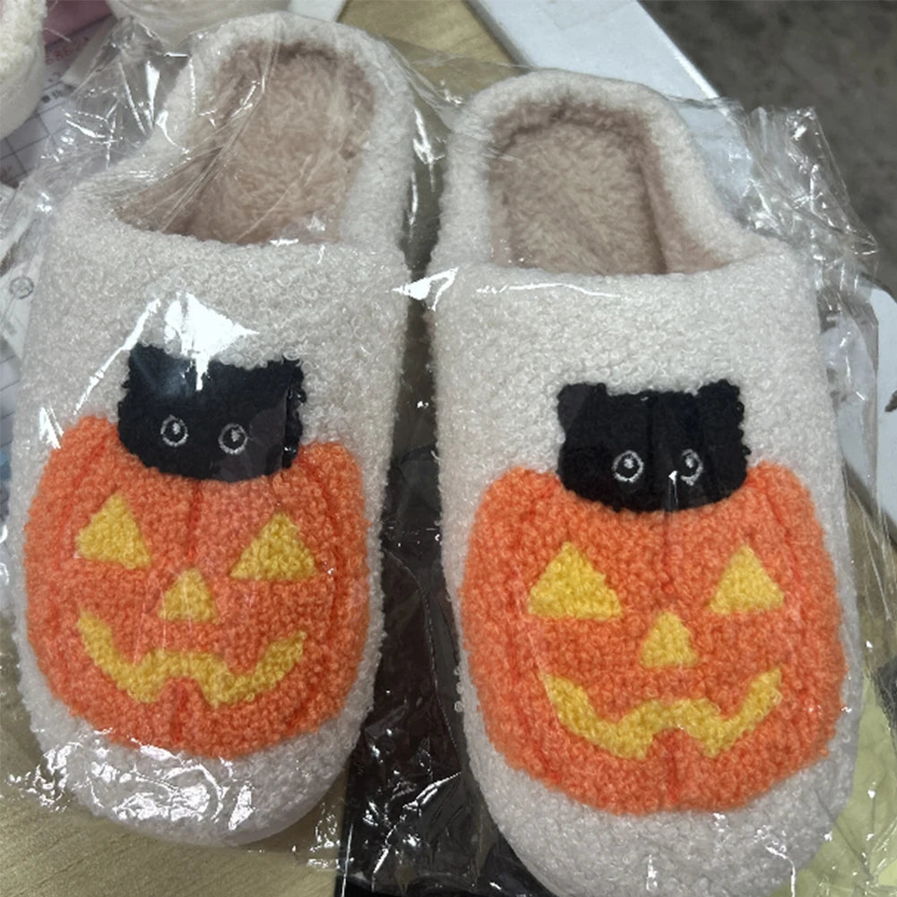 Halloween Plush Slippers Anti Slip Comfortable Furry Slippers Pumpkin Cat Pattern Fluffy Home Warm House Shoe for Winter Autumn Zpaxo