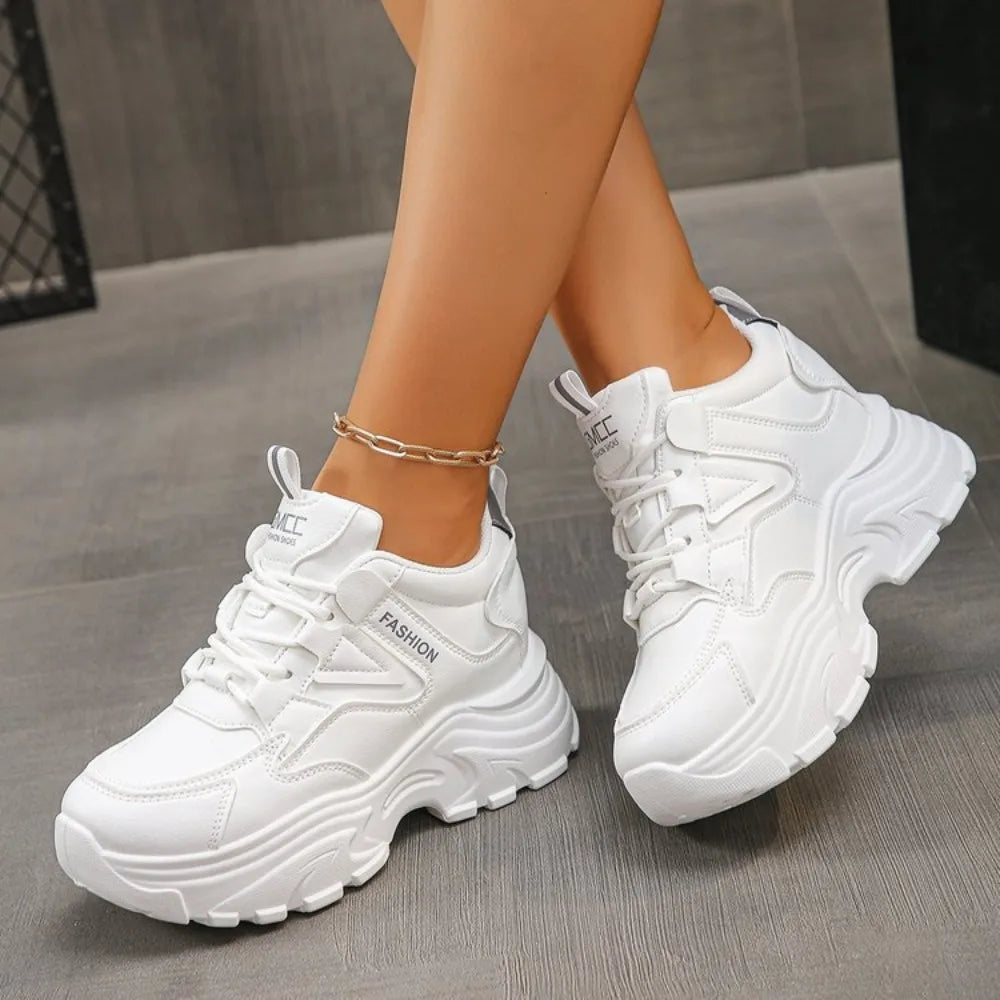 Women's Height Increasing Chunky Sneakers White Black Platform Sports