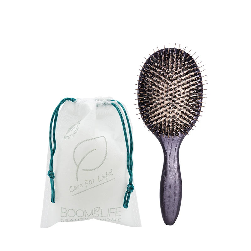 BOOMSLIFE Black Boar Bristle Mix Nylon Hair Brush Women Custom Massage Sclap USA Oak Wood Hair Comb for Hair Barber Accessories Zpaxo