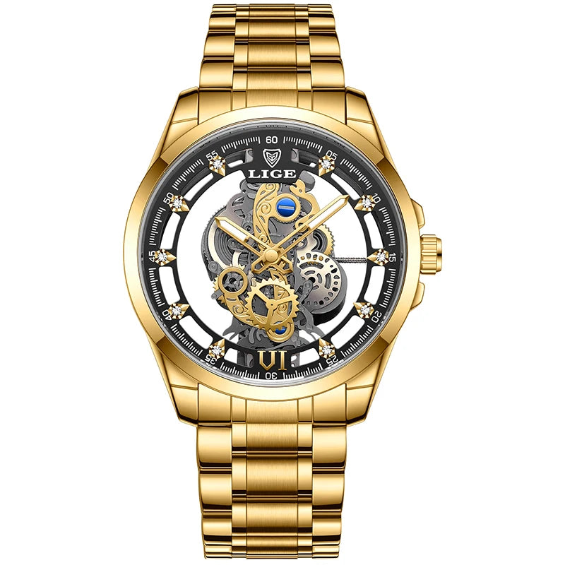 2025 LIGE Men Watch Skeleton Automatic Quartz Watch Gold Skeleton Vintage Man Watch Mens Watches Top Brand Luxury часы мужские Zpaxo Gold black steel