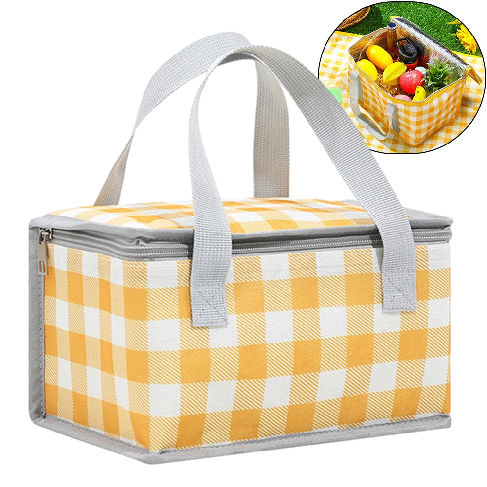 Insulated Picnic Bag Dual Zippers Camping Lunch Waterproof Plaid Tote