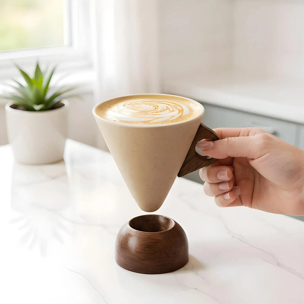 Cone Mug Retro Ceramic Drinkware Tea Cup Wooden Handle Base Coffee