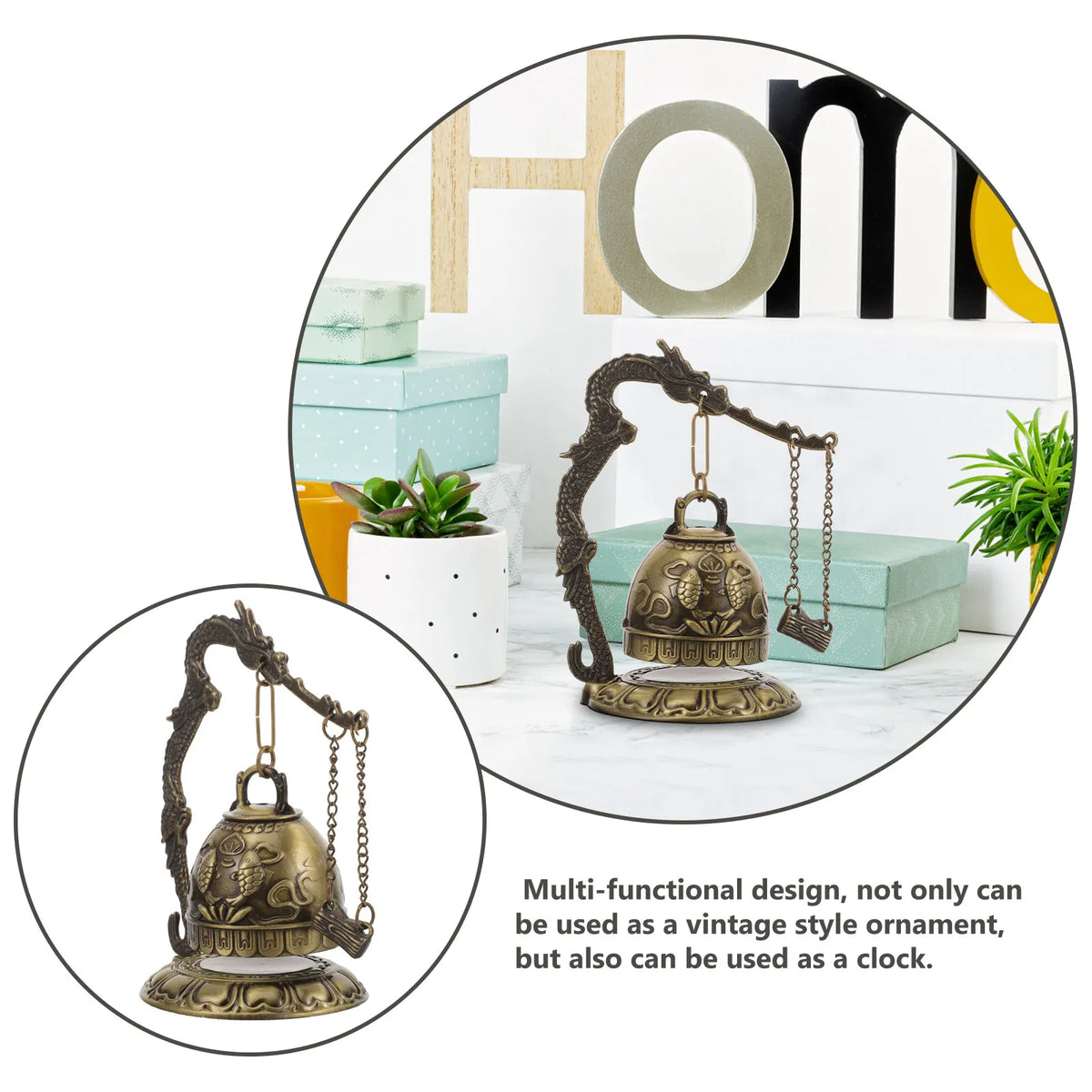Exquisite Crafted Bronze Dragon Bell Tabletop Chime Ornament Vintage Zpaxo