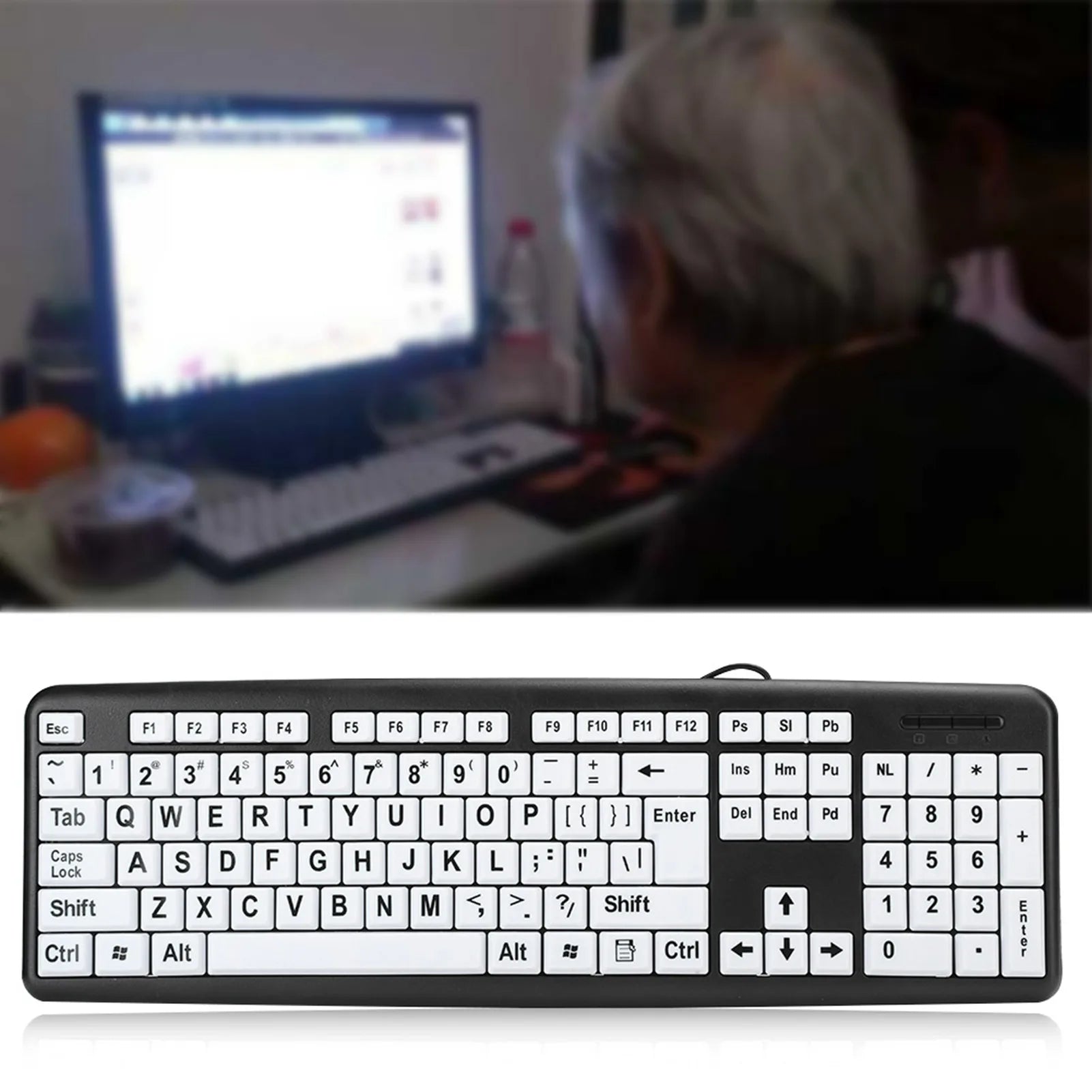 Black Low Vision Keyboard USB Wired Old People White Large Print Keys
