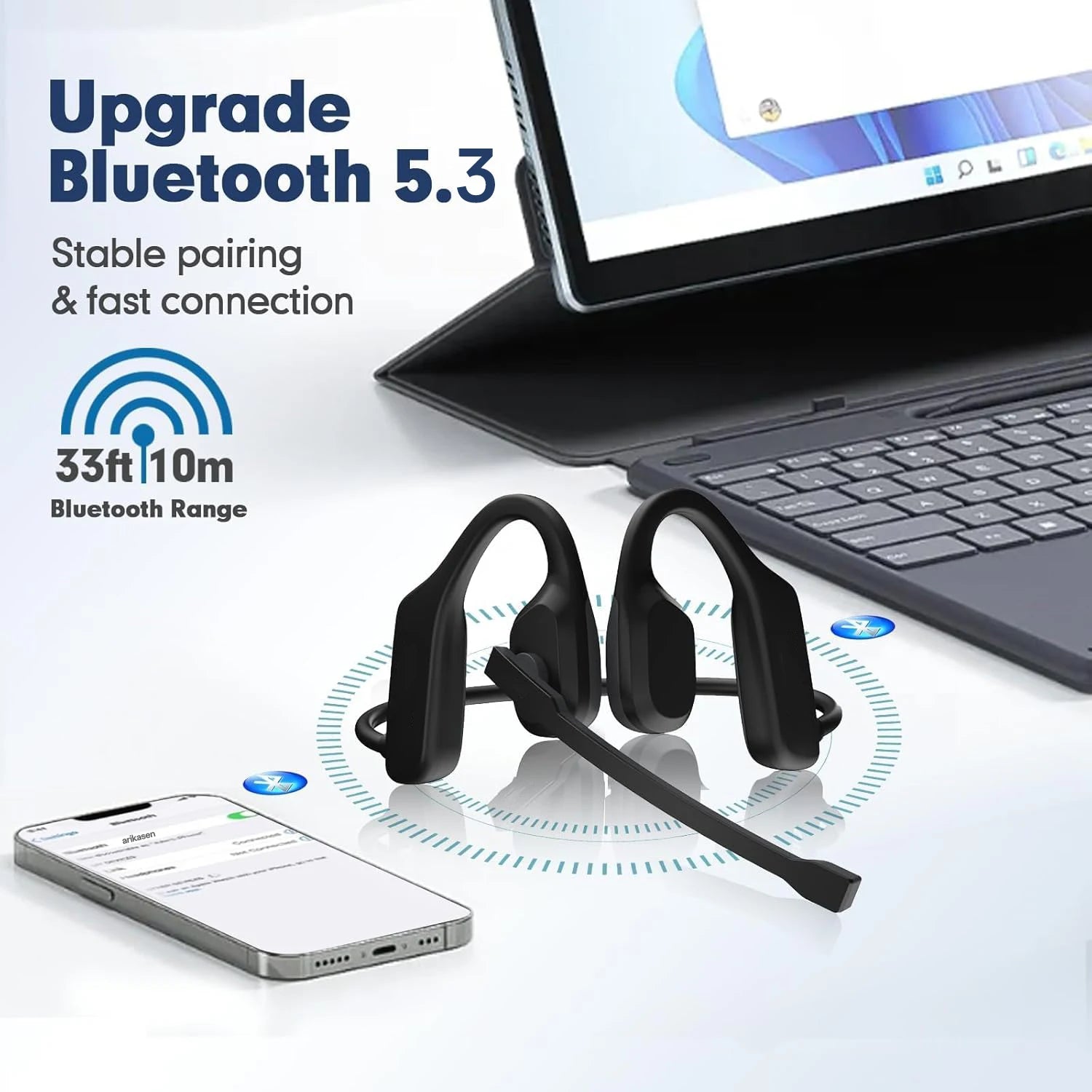 Open Ear Headphones Mic Bluetooth Headset Noise Cancelling Microphone