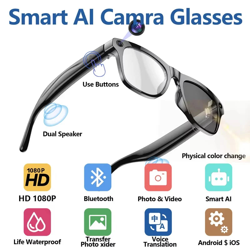 4K HD Color Changing AI Smart Glasses Chat GPT 100MP Camera Bluetooth Call Voice Assistant Control Smart Glasses 2026 New Zpaxo Black Color Changing