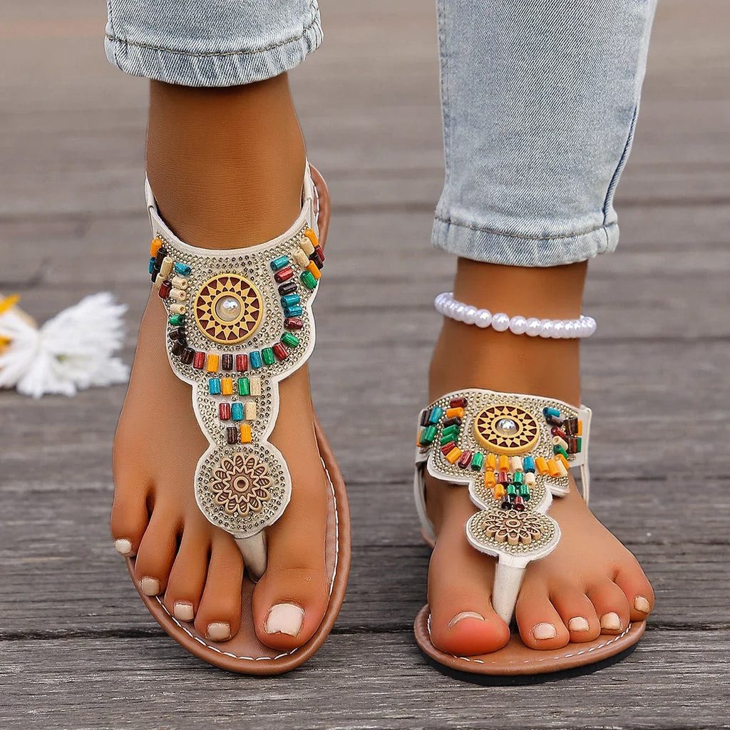 2025 Women Sandals Bohemian Flat Clip Toe Gladiator Shoes Woman Zpaxo Beige 41