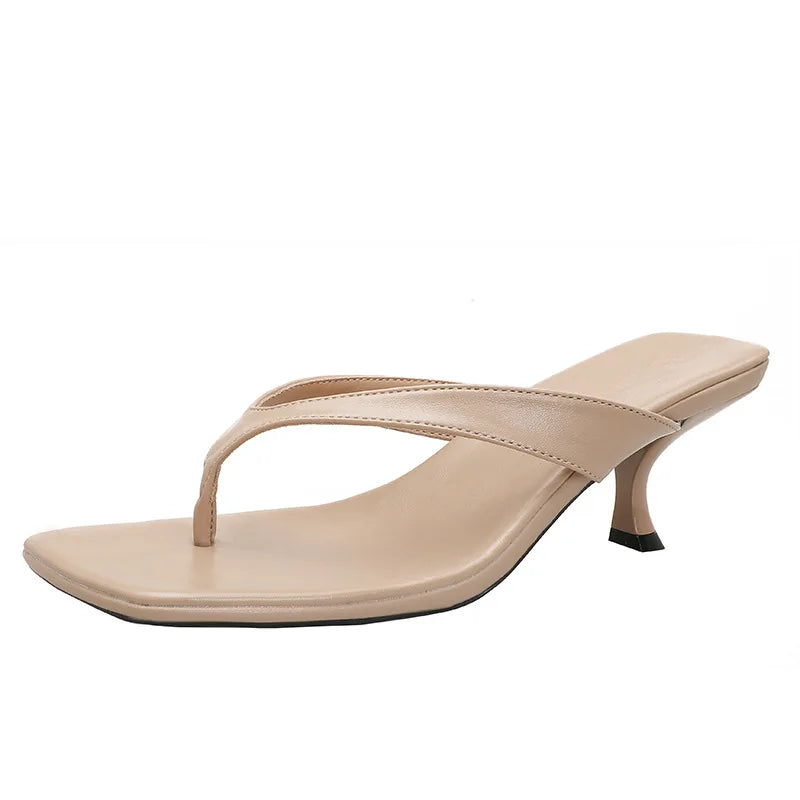 Summer New Soft Leather Square Toe Cat with Flip-flops Women Fashion Thin Belt Thin Heel Soft Sole Flip-flops Zpaxo