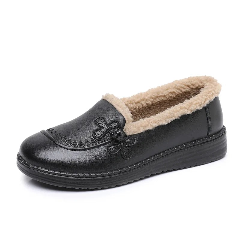 Black Leather Winter Loafers Women Plush Lining Chinese Knot Zpaxo 91622 Black 35 China Mainland