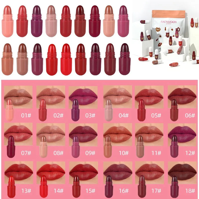 Portable Capsule Lipstick Set - 18Pcs Mini Waterproof Matte Lipsticks Zpaxo