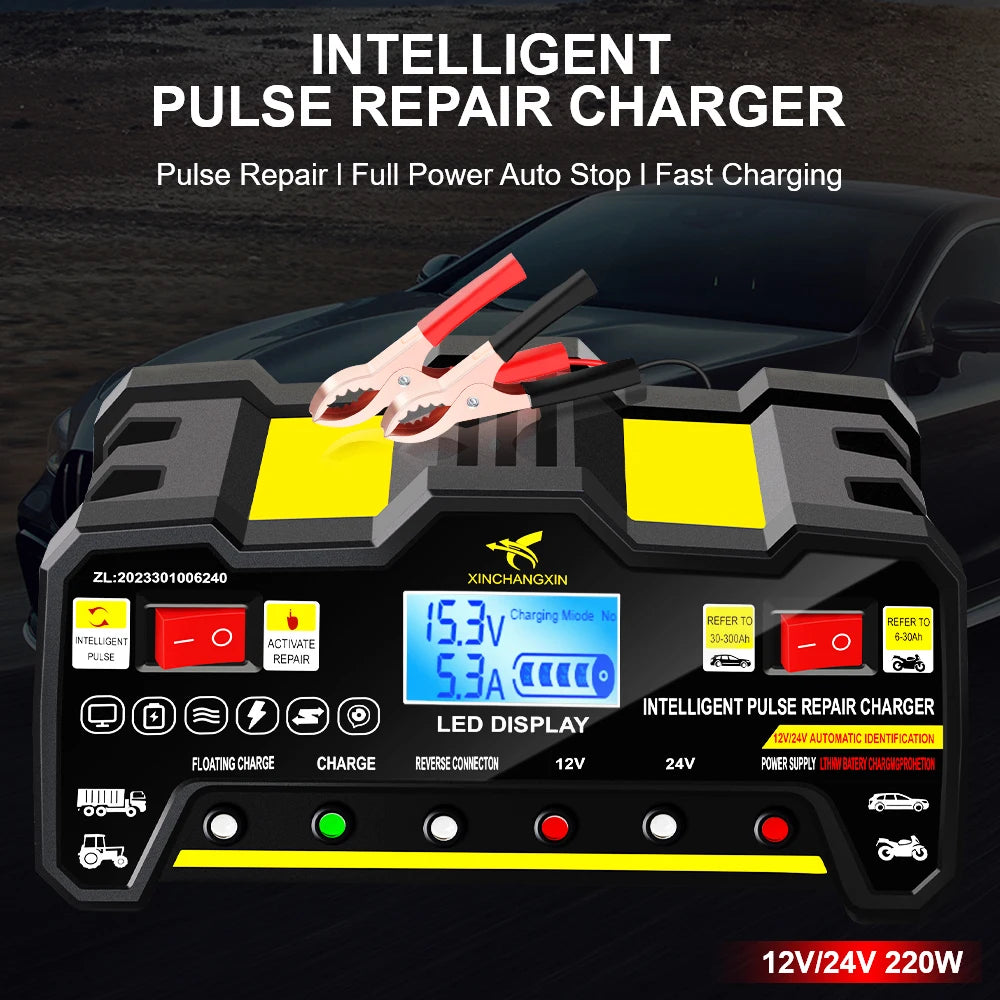 Full Automatic Car Battery Charger Wet Dry Lead Acid LCD Display