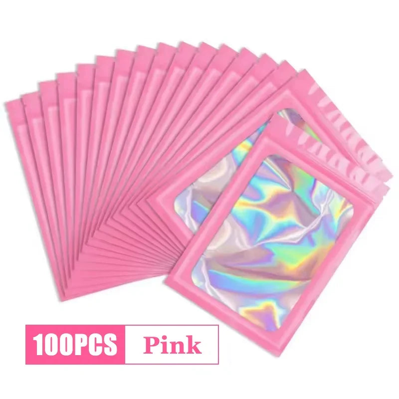500Pcs Holographic Ziplock Bags Plastic Laser Iridescent Zip Bags for Manicure Eyelash Display Earrings Ring Jewelry Storage Bag Zpaxo Pink 9x16 300PCS