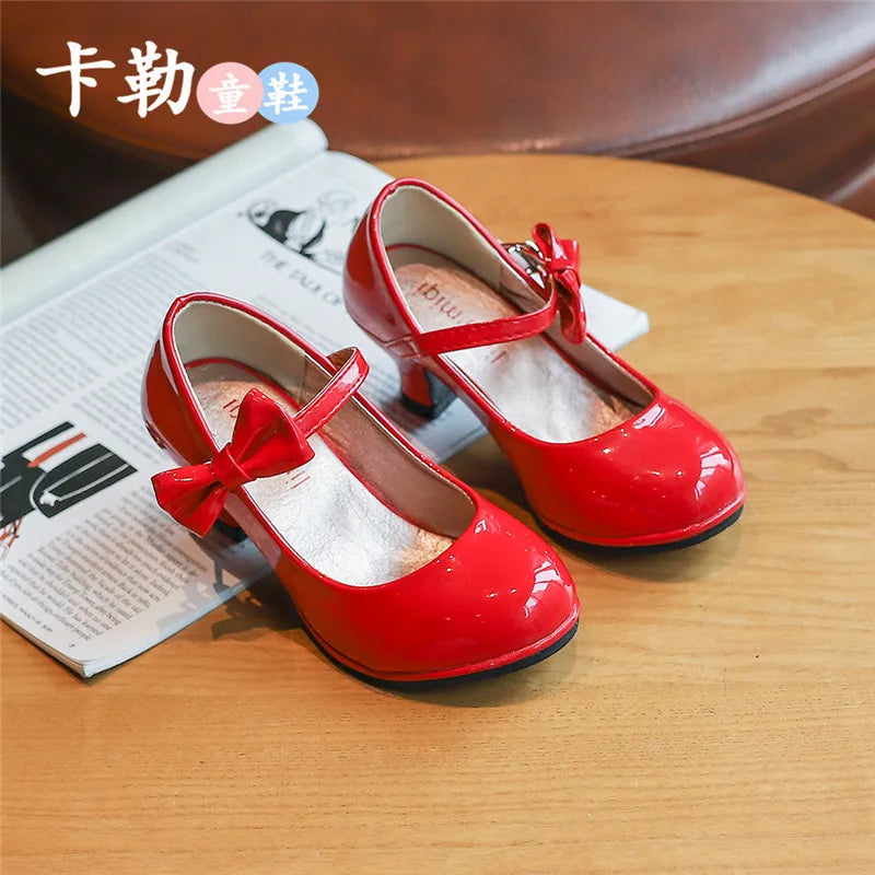 Girls Leather Shoes Autumn Bowtie Sandals 2023 Children Heels Zpaxo Red 34(Insole21.2cm) China Mainland