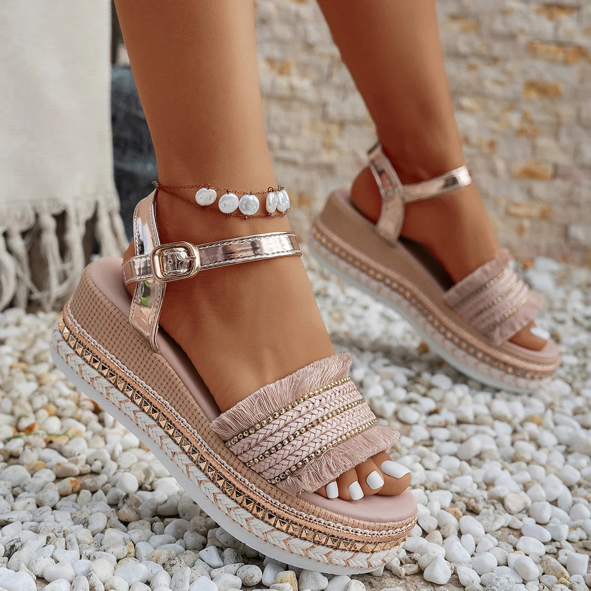 Summer Women Sandals Fashion Rivet Wedge Ankle Strap Platform Shoes Zpaxo