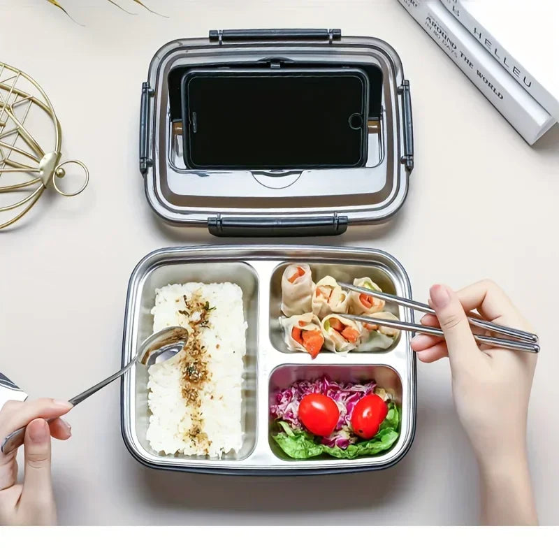 New Durable Easy-Clean Bento Container for Students & Office Workers,Leak-Proof Stainless Steel Lunch Box with 3 Compartments Zpaxo