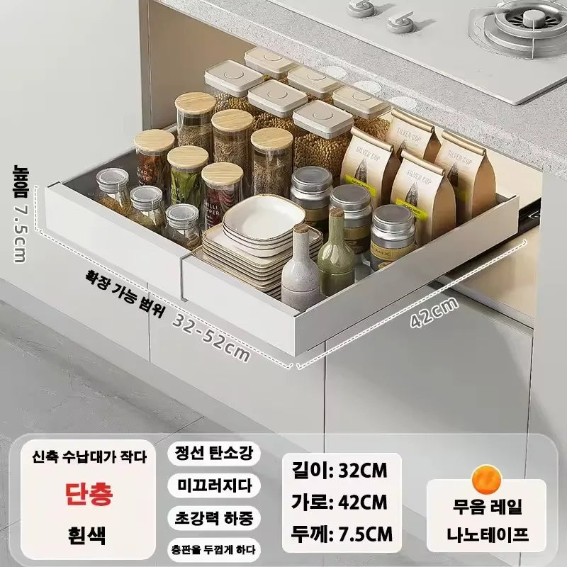 Scalable Pull-Out Kitchen Storage Rack with Slide Rails Drawer Type Storage Tray Seasoning Shelf Storage Rack Cabinets Organizer Zpaxo Small 1pc 32-52cm