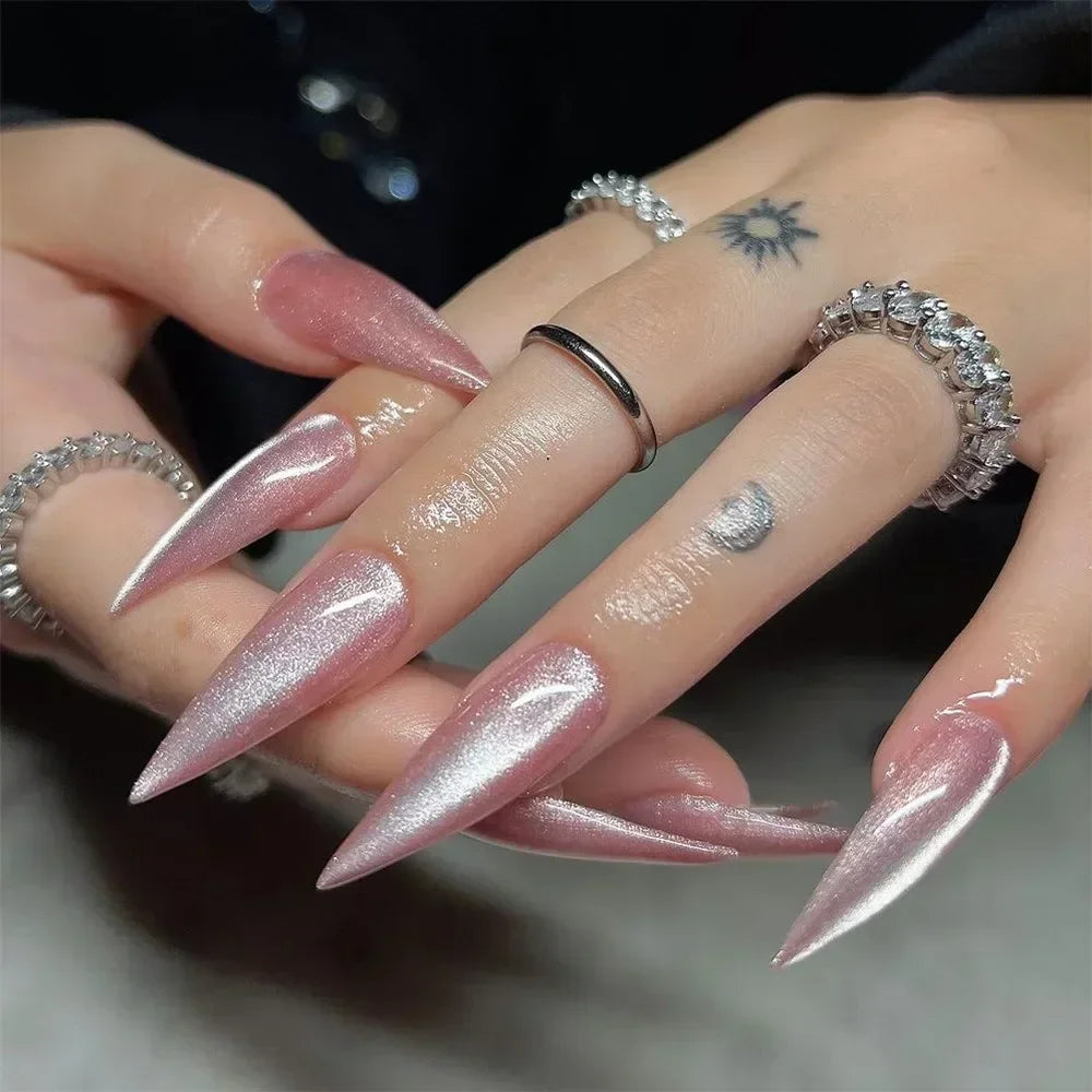 Long Almond False Nails French Leopard Star Press Fake DIY Manicure