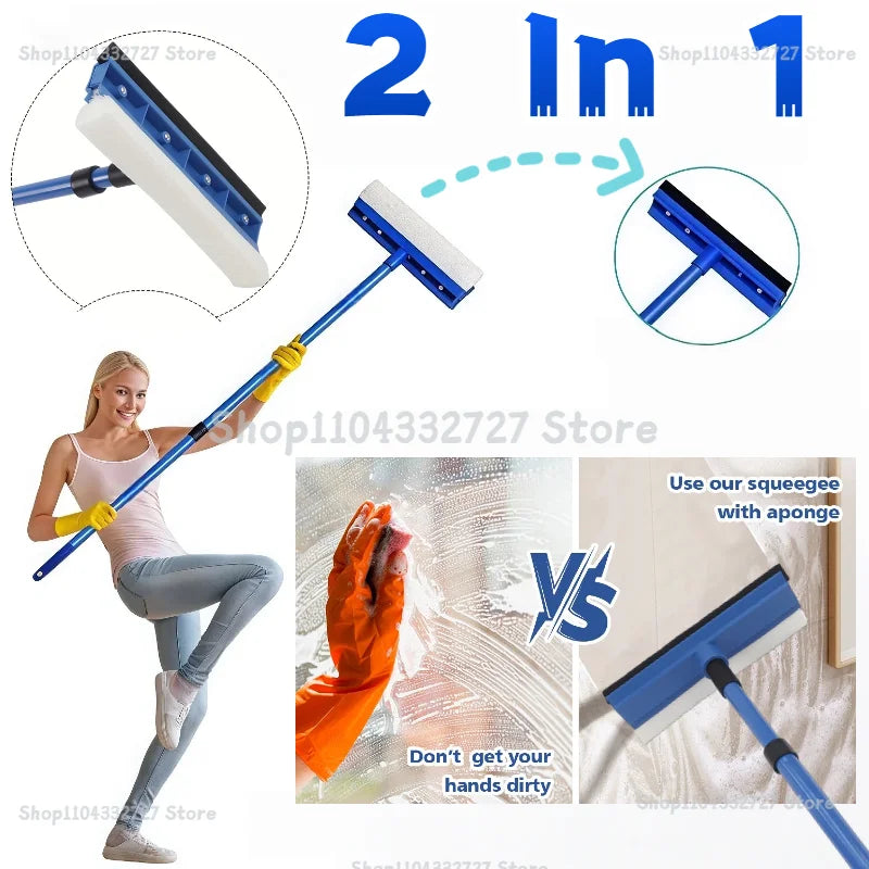 2in1 Telescopic Window Glass Cleaner Wiper with Rubber Squeegee and Durable Sponge Brush for Home Bathroom Mirror Cleaning Tool Zpaxo
