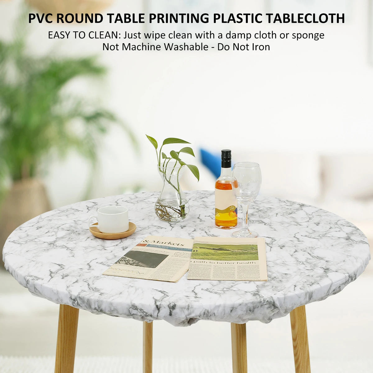 Waterproof Round Tablecloth Elastic Fixation Edged PVC Table Cover Flannel Backed Table Pad Oil-Proof for Dining Table Kitchen Zpaxo