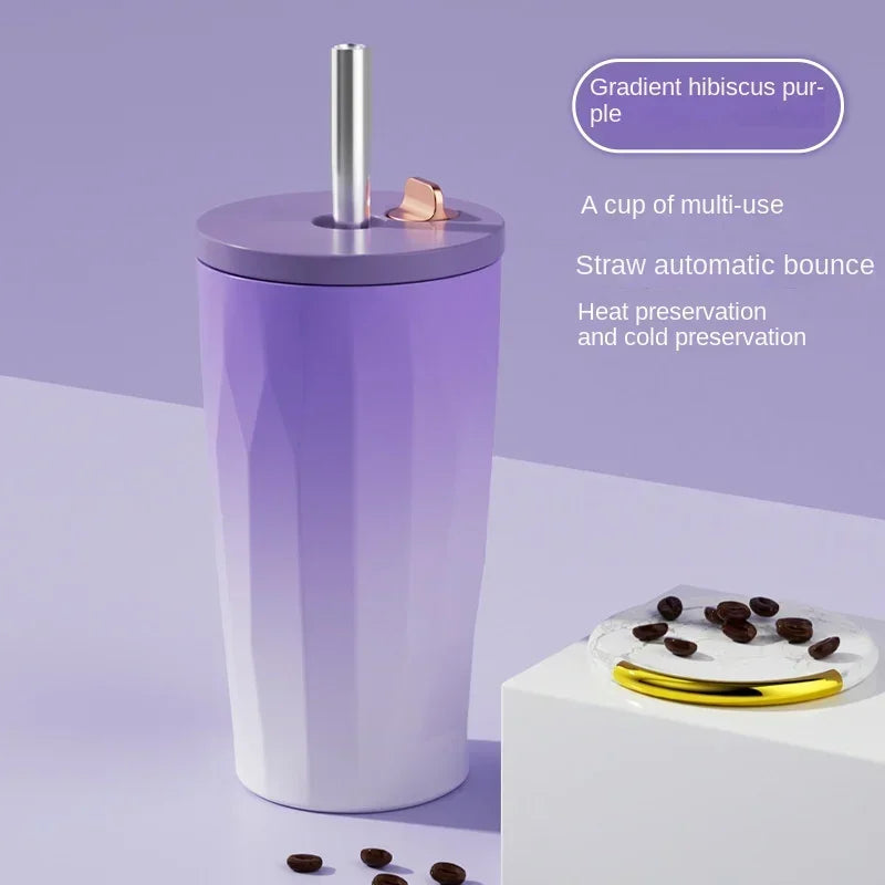 New 600ml Fashion Gradient Coffee Cup Portable Stainless Steel Water Cup with Straw Heat and Cold Insulation Coffee Gift Cup LIY Zpaxo PURPLE 600ML