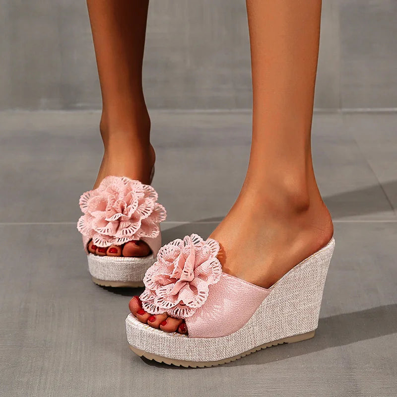 Women Wedges Sandals Summer Beach Platform Shoes Flower Round Headed Solid Color Slippers Women High Heel Shoes Zapatos De Mujer Zpaxo