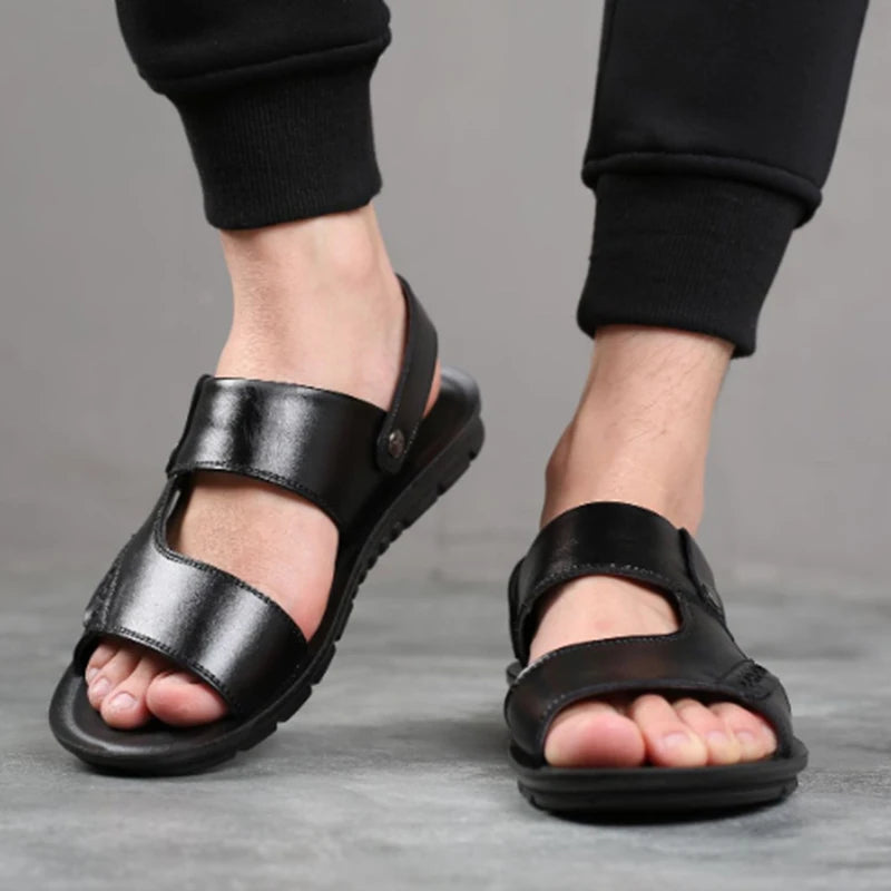 Mens Leather Summer Sandals Breathable Beach Shoes Soft Bottom Casual Zpaxo