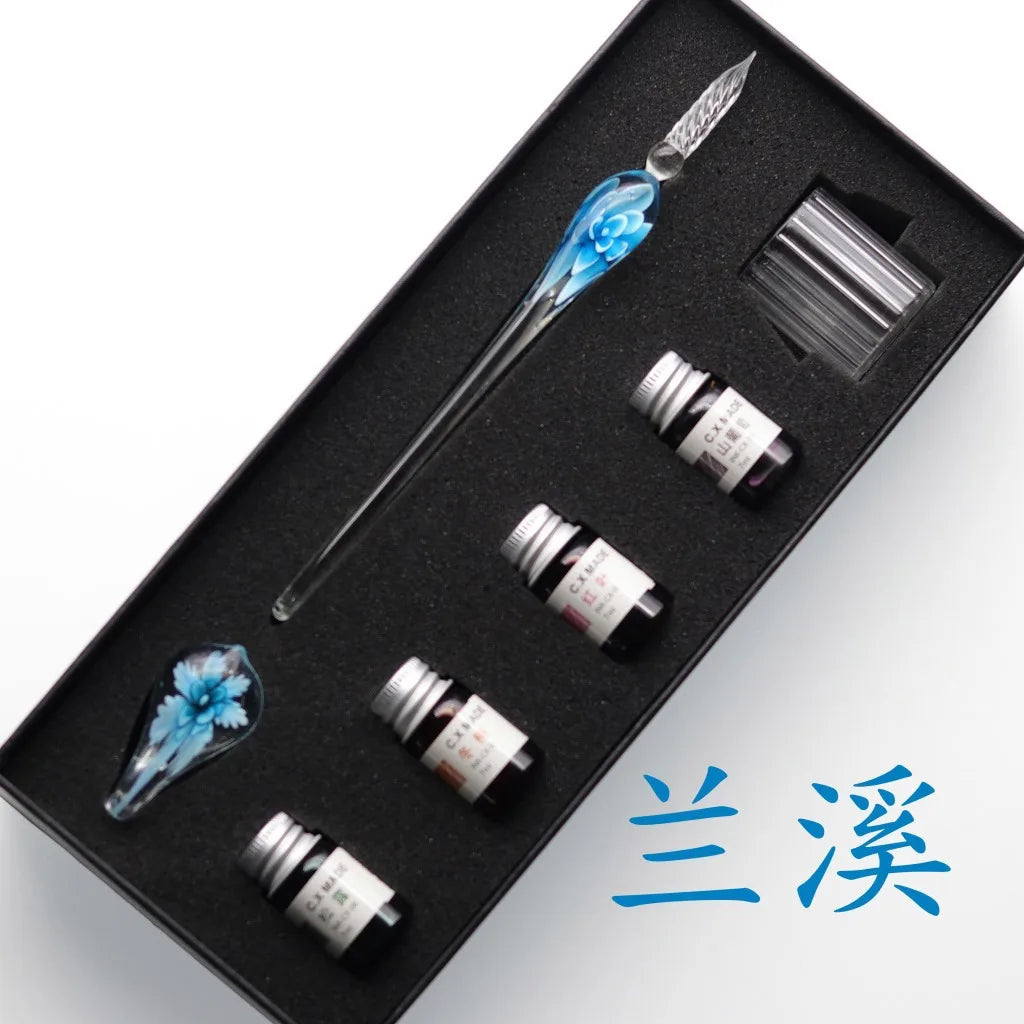 Embedded Flower Glass Dip Pen Set – Starry Sky Gold Ink Gift