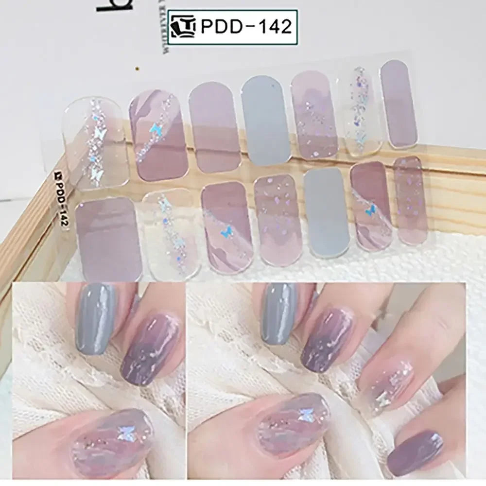 14Strips Gel Nail Stickers Full Cover Floristic Art Semi Cured Polish