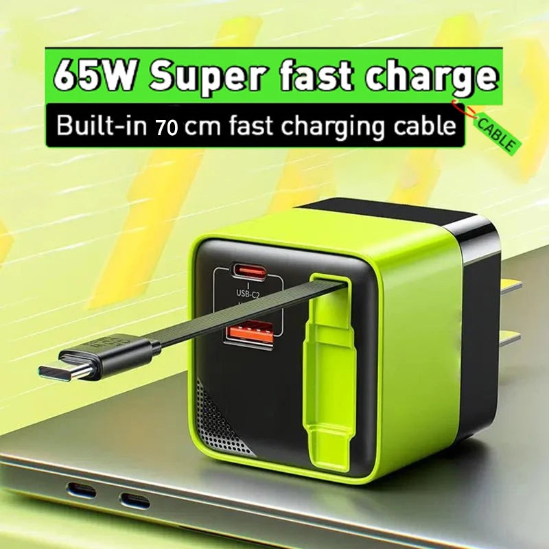 3IN1 65W Gan PD USB-C Charging Head Fast Charger Built-in Typec Cable