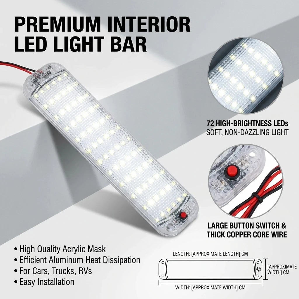 72LED Interior Light Bar Strip Switch LED Car Lamp Lighting Camper