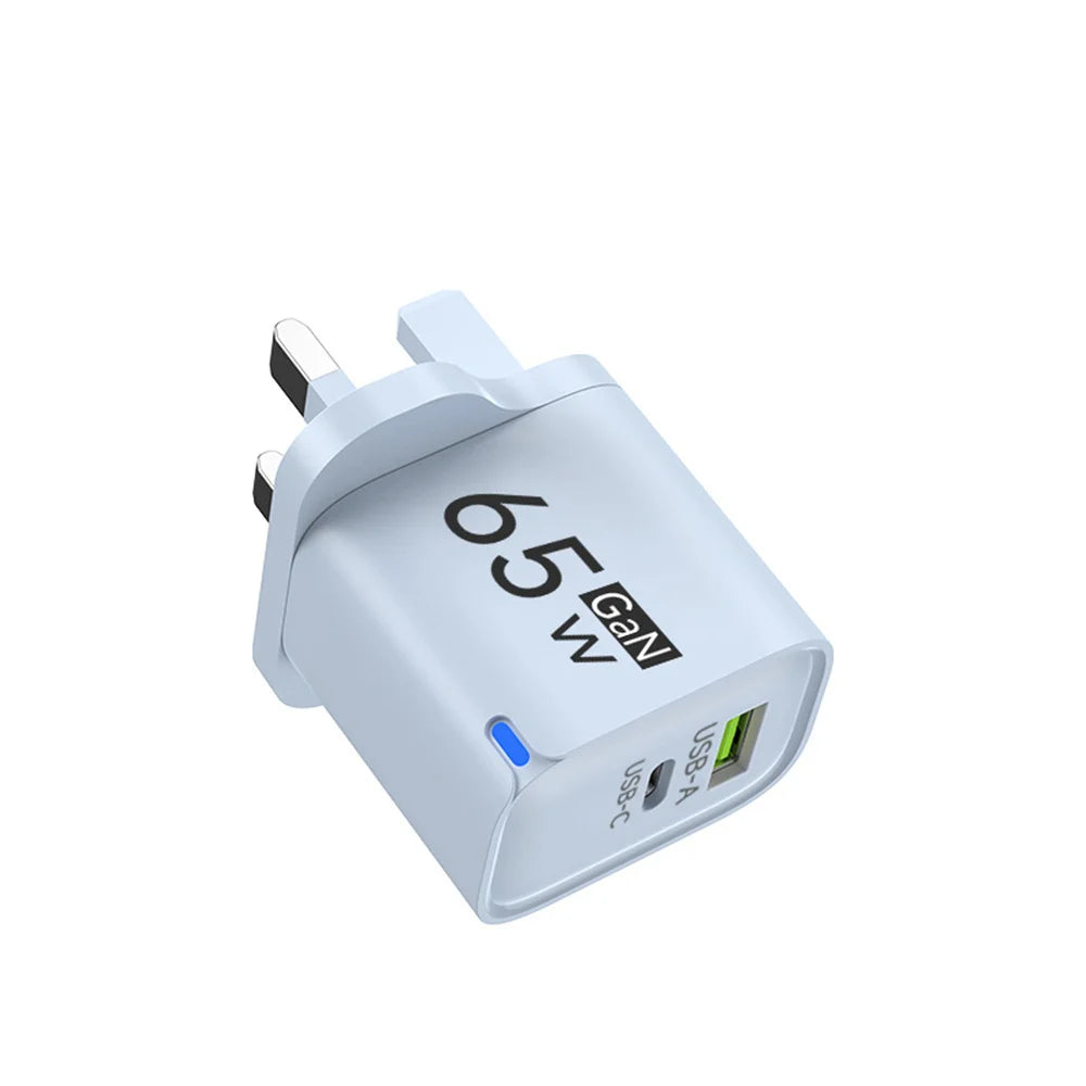 65W GaN USB-C Fast Charger – US/EU/UK Plug | PD Quick Charge USB-C Wall Charger Zpaxo UK Blue