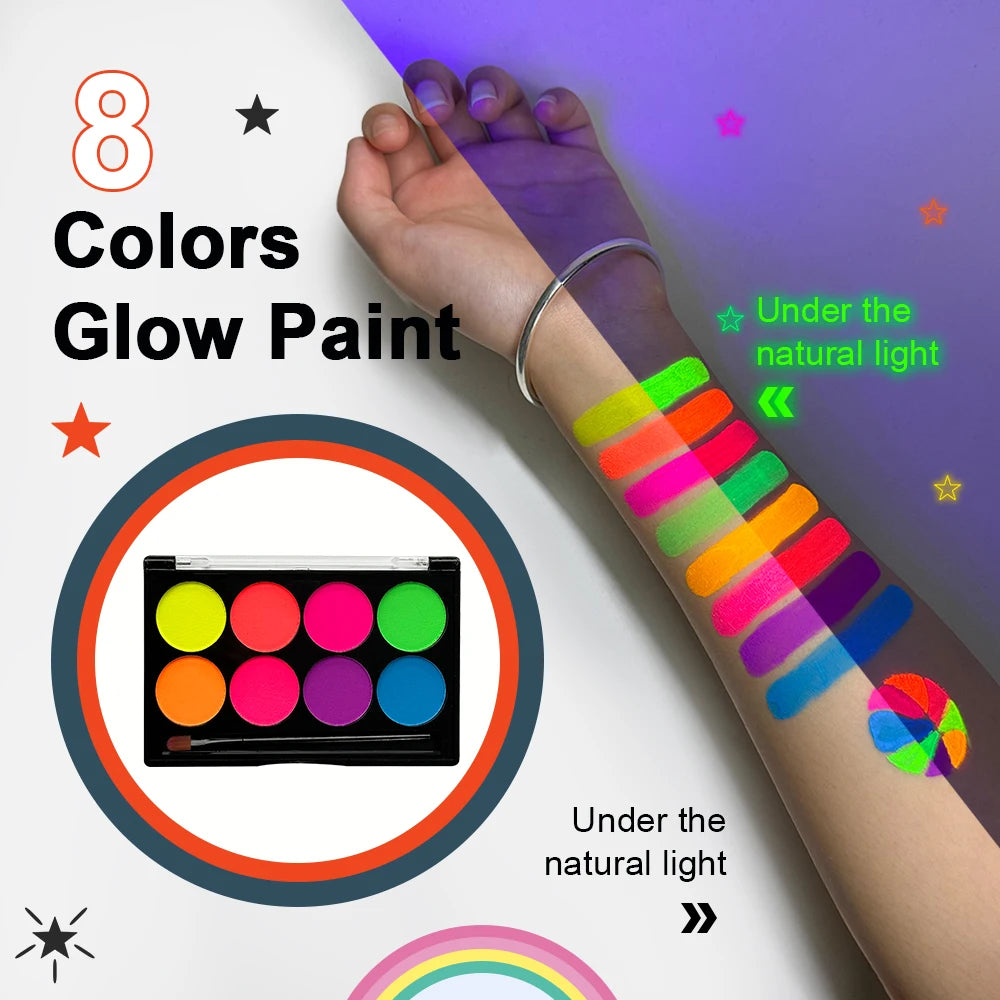 8 Colors Body Painting Palette Tattoo Art UV Glow Dark Makeup Zpaxo