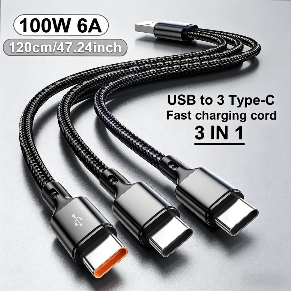 3-in-1 USB-C Cable 100W 6A Fast Charging Quick Charge Cord USB Charging Cable Zpaxo
