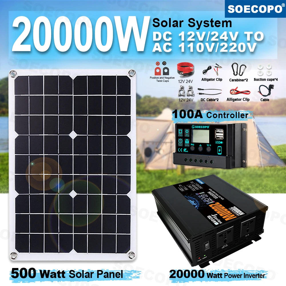 SOECOPO 20000W Complete Solar System Set 500W Solar Panel, Inverter(2 Sockets) 12V/24V 110V/220V, 100A Controller Home, Camping Zpaxo