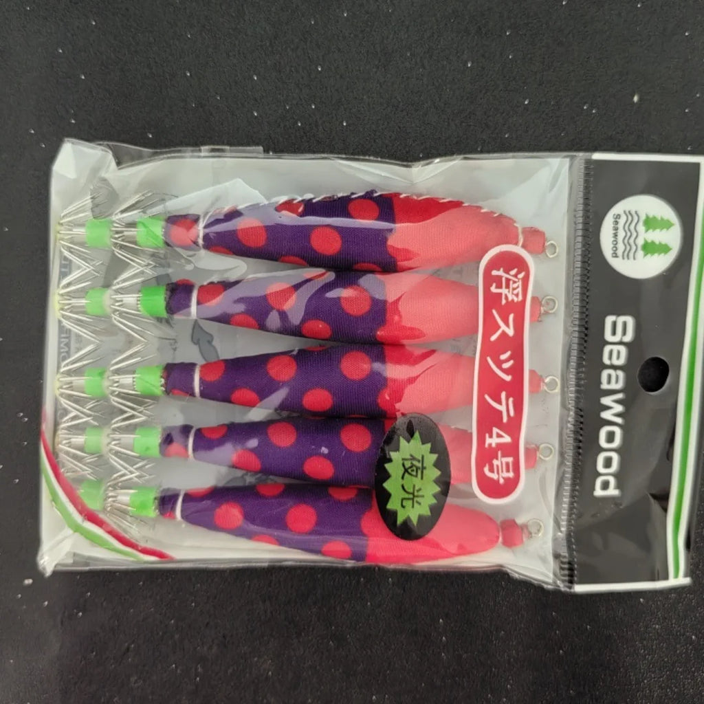 5-Pack Luminous Squid Jig Lures Size 4.0 – Multi-Color Octopus Hooks