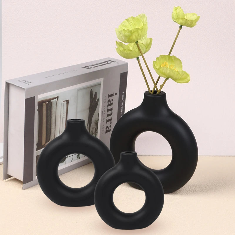 Donut Plastic Vase White Black Pink Cute Round Vase Flowerpot Ornaments for Living Room Dining Table Office Home Decor Zpaxo