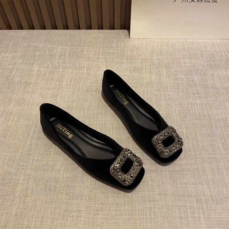 Flat Shoes for Women Spring Autumn 2025 New Rhinestone Square Toe Shallow Mouth Loafers Ladies Shoes Big Size 42 43 44 Zpaxo