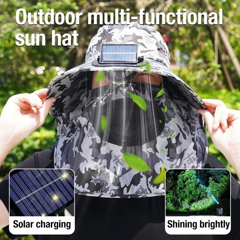 Solar Fan Cap Cooling Outdoor Hiking Fishing UV Protection Full Sun